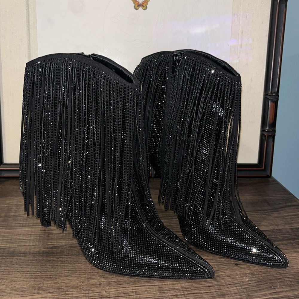 I.N.C. International Concepts Sahoj Western Fringe Booties, Black Bling NWOB sz7